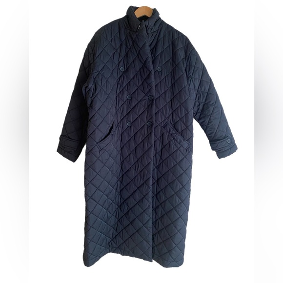 Rebecca Minkoff Double Breasted Quilted Long Navy Duster Coat Womens Medium - Picture 2 of 6